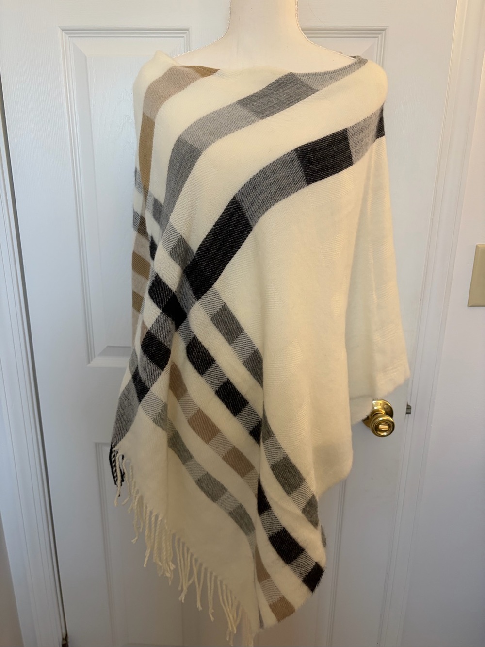 V. FRAAS Cream Plaid Fringe Throw Poncho with Gray and Tan Stripes